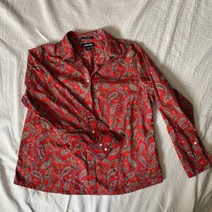 Land's End button down shirt, size 16P, long sleeves, red with paislies